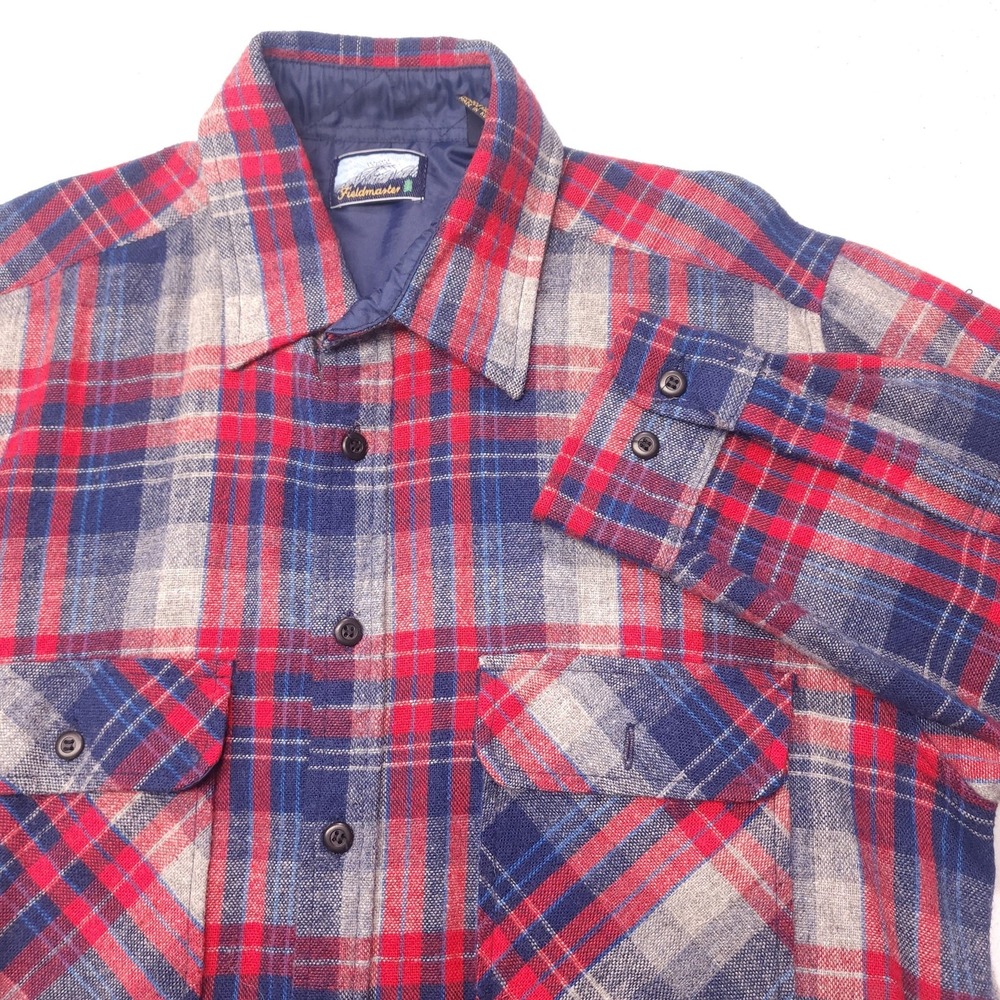 Fieldmaster Wool Blend Plaid‎ Shirt MT Red Blue Lined Flannel Long Sleeve